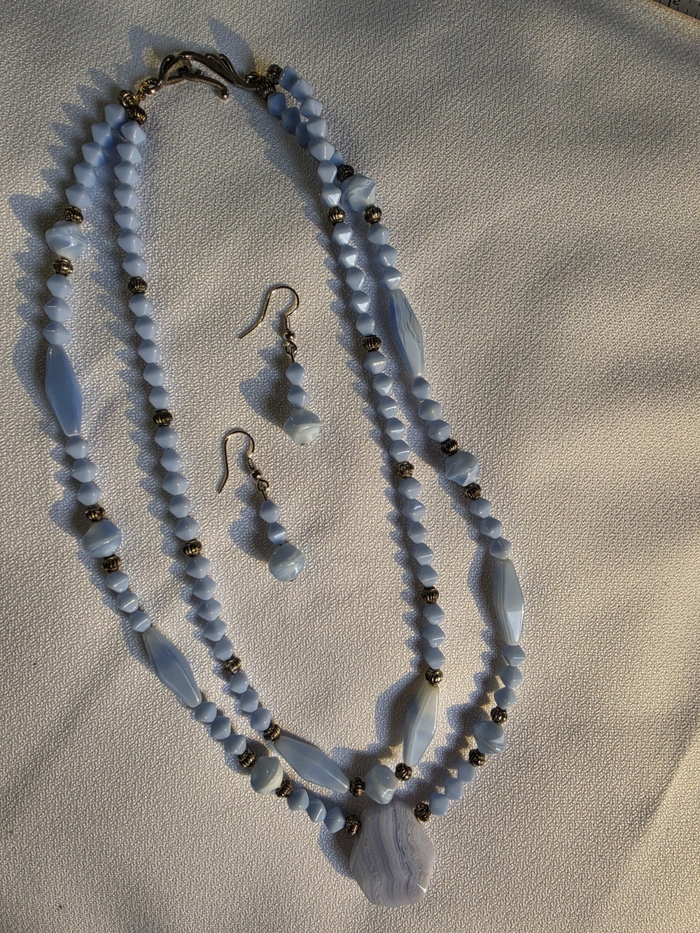 Handmade Blue Lace Agate Pendant Set